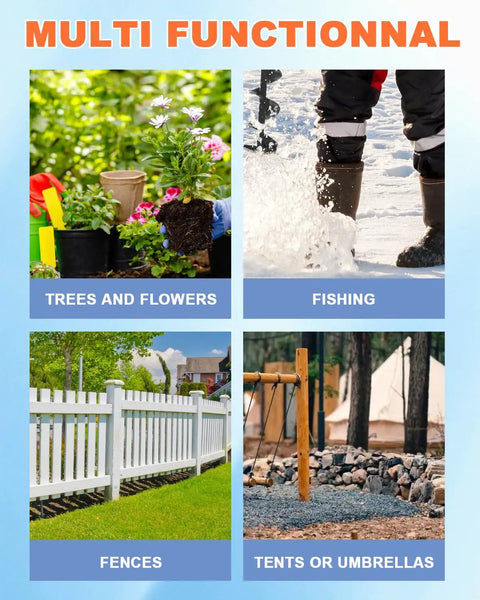 Gas Powered Earth Auger Post Hole Digger With 62cc Two Stroke Engine And 3 Drill Bits 3 Inch 5 Inch And 8 Inch Plus 3 Extension Rods 24 Inch EPA Certified Workhorse Yard Tool For Fence Posts Farms And Garden showing diverse applications like trees, fishing, fences, and tents.