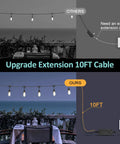 123 Ft Outdoor Color Changing String Lights With RGB CWIC LEDs on patio with 10ft extension cable, comparison of cord lengths