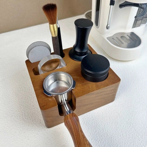 Solid Built 58mm Wooden Coffee Tamper Station with portafilter, brush, and accessories on a counter.
