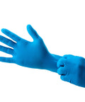 Person putting on Workhorse Grade 14 Mil Thick Blue Latex Heavy Duty Industrial Work Gloves With Rock Solid Textured Grip Powder Free Chemical Resistant Multi Purpose Safety Gear Box Of Fifty X Large.