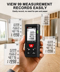 Laser Measuring Tool With 393 Feet Range, Bubble Levels, Plus Or Minus One Sixteenth Inch Accuracy, Easy Units Switch And Two Reference Modes, Dope For Windows, Doors, Cabinets, And DIY Projects On Any Jobsite. handheld black laser distance meter with bubble level and measurement records display