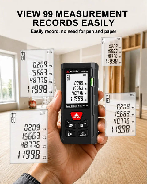 Laser Measuring Tool With 393 Feet Range, Bubble Levels, Plus Or Minus One Sixteenth Inch Accuracy, Easy Units Switch And Two Reference Modes, Dope For Windows, Doors, Cabinets, And DIY Projects On Any Jobsite. handheld black laser distance meter with bubble level and measurement records display
