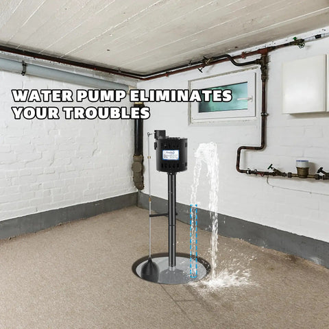 Heavy Duty Thermoplastic Pedestal Sump Pump 1/3 Horsepower 45 Gpm With Automatic Float Switch, installed in basement