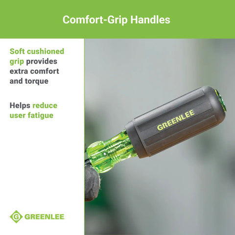 Comfort-grip handle of 6 In 1 Do It All Tool Screwdriver With Flat Tip Phillips Hex Square Recess And Slotted Bits, enhancing user comfort.