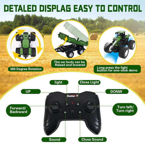 Remote Control Tractor Toy With RC Trailer 23.6 Inch 1/16 Scale Monster Truck controller and features displayed on field background
