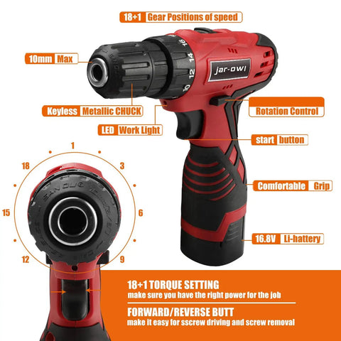 108 Piece Cordless Tool Kit Set With Sixteen Point Eight Volt Drill LED Work Light And DIY Hand Tools, drill features labeled