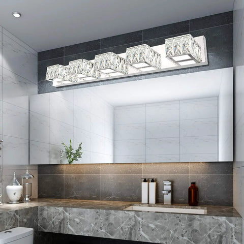 5 Light Crystal Chrome Vanity Light Bar for Bathrooms Dimmable LED Fixtures 30W Cool White Wide 34.6 Inch Over Mirror Restroom Lighting