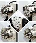 4-inch wood lathe chuck set with 1-1/4 x 8 tpi thread and 1 x 8 tpi adapter; nickel-plated, self-centering 4-jaw chuck.