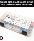Color Coded Paintball O Ring Kit Large 360 Piece Master O Ring Set With 18 Common Sizes shown in clear storage case with size chart.