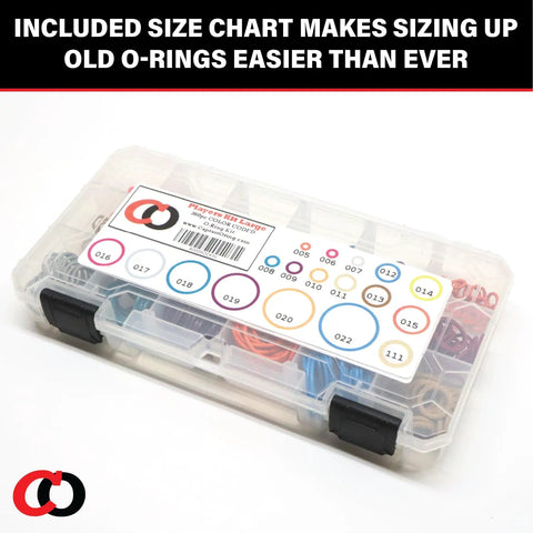 Color Coded Paintball O Ring Kit Large 360 Piece Master O Ring Set With 18 Common Sizes shown in clear storage case with size chart.