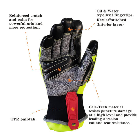 Waterproof And Breathable Extrication Glove With Superior Barrier And Liner Retention For Full Dexterity EN 388 2016 3X44EP Size Large Rescue Gear Built For Tough As Nails Worksite Ready, showing reinforced palm and TPR pull-tab.
