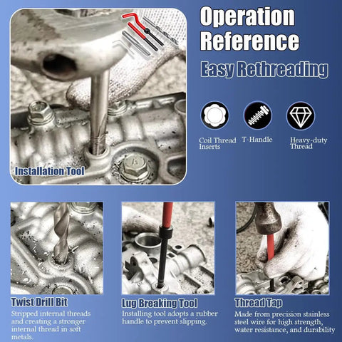 Close-up of the M10 X 1.0mm Helicoil Style Thread Repair Kit installation and tools for damaged internal threads repair.