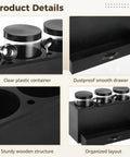 Wood Coffee Bar Organizer Countertop Dispenser Rack With 3 Clear Jars And Pullout Drawer For Coffee Beans Sugar Tea Storage, detailed view of jars and drawer.