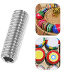 Close-up of a metal cone point grub screw from Ten Piece Full Thread Socket Set Screw Kit with colorful yoyos in background