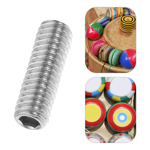 Close-up of a metal cone point grub screw from Ten Piece Full Thread Socket Set Screw Kit with colorful yoyos in background