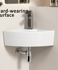 Triangle Corner Sink for Bathroom, Wall Mounted Ceramic Vessel Sink, White Gloss Finish Space-Saving Design for Small Bathrooms, Powder Rooms, Laundry with faucet.