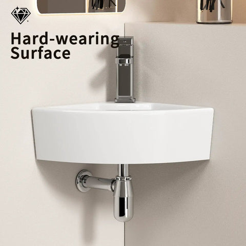 Triangle Corner Sink for Bathroom, Wall Mounted Ceramic Vessel Sink, White Gloss Finish Space-Saving Design for Small Bathrooms, Powder Rooms, Laundry with faucet.