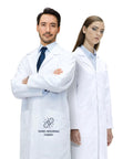 Two models wearing Dope Unisex 100 Percent Cotton Lab Coat With Multiple Pockets Classic Fit Snap Closures 40 Inch Length Roomy Workwear