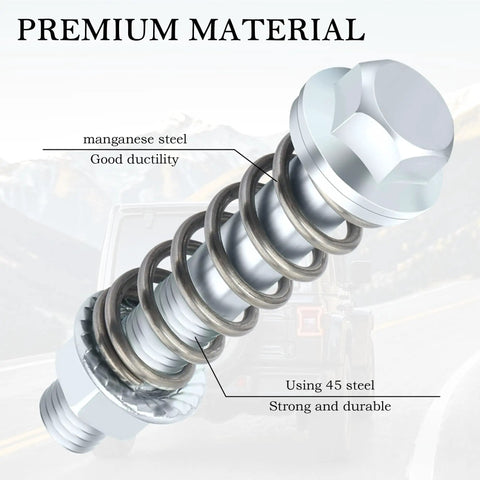 Close-up of heavy duty exhaust manifold bolts kit with shock absorbing springs for M10X1.5 exhaust gaskets, steel construction.