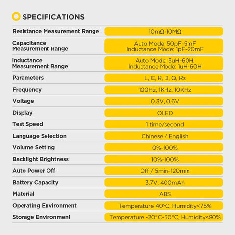 Specifications for Pro Grade Auto Component Recognizing LCR Tweezers Meter with OLED display and Type C rechargeable feature.