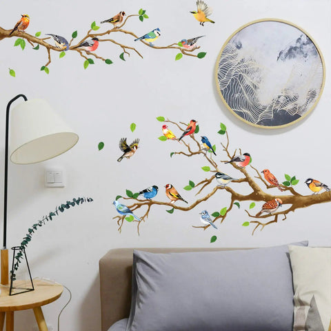 Hummingbird On Tree Branch Wall Sticker Set With Green Leaf And Flying Bird DIY Vinyl Wall Decal on living room wall.