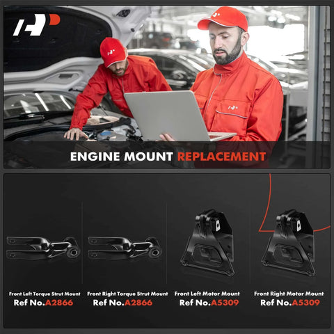 Mechanics examining a laptop, below are images of Four Front Left Right Engine Motor Mount Torque Strut Set Direct Fit For V6 3.8L Cars.