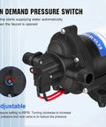 12V RV Fresh Water Pump with 3.5 GPM at 45 PSI, self-priming diaphragm shown with on-demand pressure switch for campers.