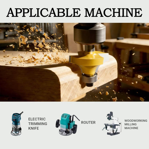 Quarter-Inch Shank Router Bits Set 100-Piece Tungsten Carbide Milling Cutter Kit for woodworking on wooden edge with router machine.