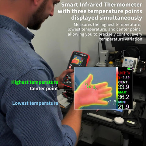 Man using 2 In 1 Thermal Imaging Camera And True RMS Digital Multimeter For Electrical Inspections, 32 By 32 Resolution, Type C Charging, -20C To 550C Range, 25000 Count Meter, Sniffs Out Hotspots And HVAC Leaks Fast, Worksite Ready Pro Grade Tool to measure temperature variations.