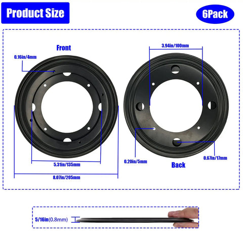 Six Pack 8 Inch Lazy Susan Bearings Heavy Duty Turntable Plate Five Sixteenths Inch Thick Swivel front and back view with dimensions