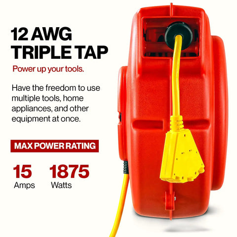 Retractable Extension Cord Reel 65 Foot 12 Gauge 3C SJT Heavy Duty Commercial Cable With Triple Tap Connector 15A 125V 1875W