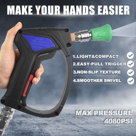 Compact Pressure Washer Gun With 3 Eighths Inch Smooth Swivel And 1 Quarter Inch Quick Connect, shown in hand use