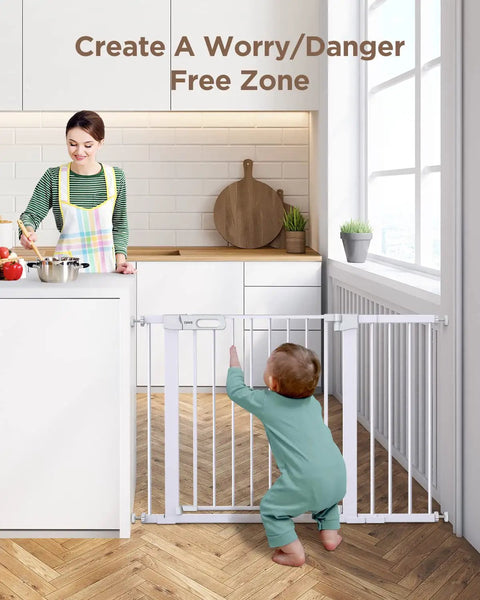 Adjustable 29.5 To 46 Inch Wide Baby Gate For Stairs And Doorways Extra Wide Auto Close Pet Gate installed in kitchen