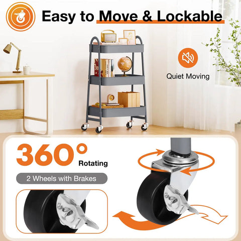 Three Tier Metal Rolling Cart with Lockable Wheels, Heavy Duty Mobile Storage Shelf for Living Room, Kitchen, Office or Bathroom, Rust Resistant Steel, Adjustable Shelves, Grey