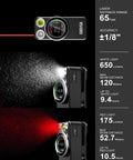 Solid Build Clip On Flashlight Featuring Straight Shooting Laser Distance Meter And Dope White Red Beams USB C Rechargeable with digital display.