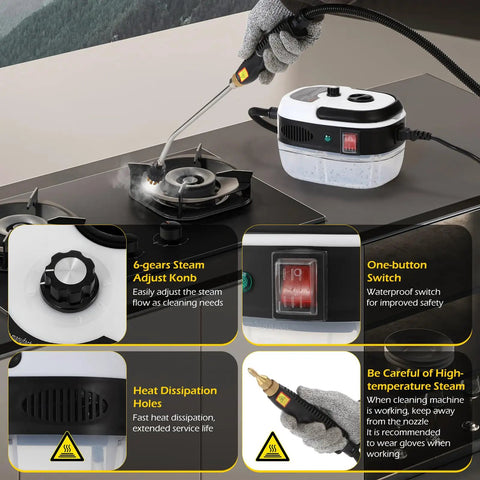 Heavy Duty Handheld Steam Cleaner 2500 Watt Hella Powerful Vapor Output For Quick Car Detailing And Smooth Home Cleanup At Two Hundred Twenty One Degrees showing steam nozzle adjustable controls.