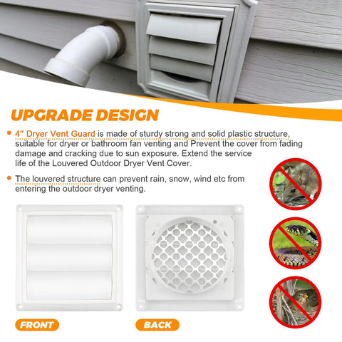 4 Inch Louvered Dryer Vent Cover With Aluminum Pest Guard Screen Outdoor Exhaust Cap For 4 Inch Duct Openings Low Profile Exterior Vent Grill Includes Screws 6 By 6 Inch Face Size Beefy Weatherproof