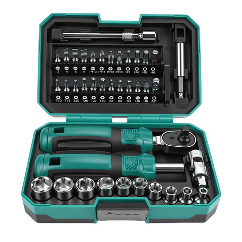 Knockout Metric Ratchet Wrench Set Featuring 10 Sockets Spanning 4 To 13 Millimeters, two sturdy extensions, and precision driver bits in case.