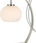 Modern table lamp with curved metal stand and frosted glass shade, ideal for stylish home or office lighting.