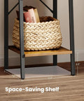 Rustic Brown Ladder Shelf Corner Bookcase Industrial Style Freestanding Multipurpose Display Rack For Books Plants And Cozy Home Setup With Heavy Duty Frame showing woven basket and shelf dimensions.