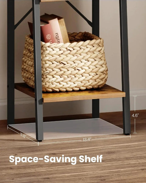 Rustic Brown Ladder Shelf Corner Bookcase Industrial Style Freestanding Multipurpose Display Rack For Books Plants And Cozy Home Setup With Heavy Duty Frame showing woven basket and shelf dimensions.