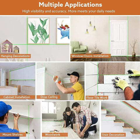 Self Leveling Laser Level Kit With Four 360 Degree Green Beams in various home applications for DIY projects.