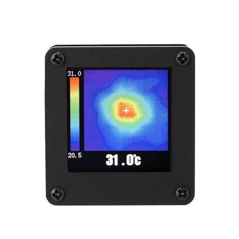 Front view of USB Powered AMG8833 Infrared Thermal Imager 8x8 Sensor Array With Housing, displaying temperature reading screen.