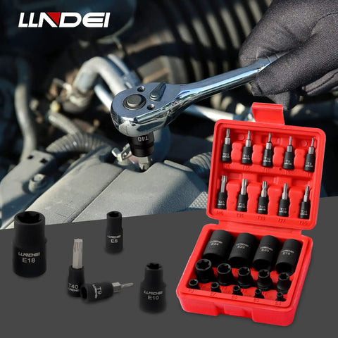 Torx Bit And Female External Socket Set 24 Pieces Includes Torx Star Bits T8 Through T40 And Female E Torx Sockets E4 Through E24 One Quarter Inch, Three Eighths Inch And One Half Inch Drives Chrome Vanadium With Mini Storage Box in use