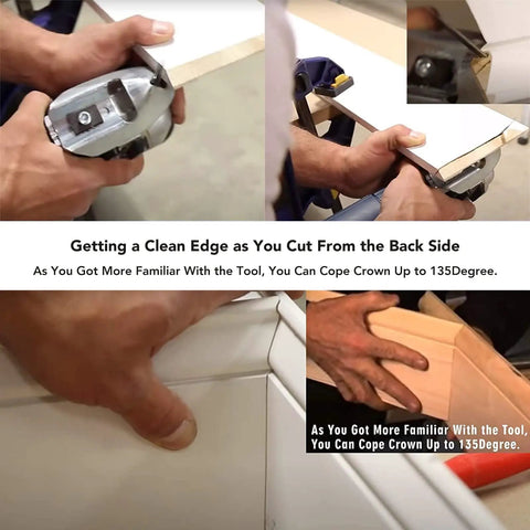 Universal Steel Coping Foot For Jig Saws Delivers Dead On Bevel Cuts And Smooth Curved Molding Tracing Without Pesky Jigs in use for clean edge cuts.