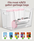 No Fuss Pantry Organizers With Bamboo Lids And Heavy Duty Trash Bag Dispenser For Four Through Thirteen Gallon Rolls stackable clear storage bin containing 13 gallon bags.