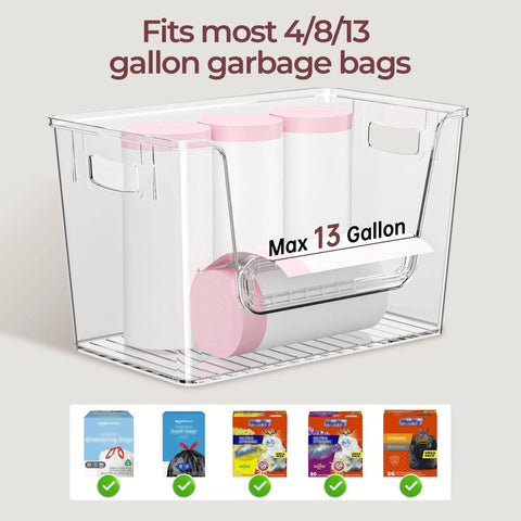 No Fuss Pantry Organizers With Bamboo Lids And Heavy Duty Trash Bag Dispenser For Four Through Thirteen Gallon Rolls stackable clear storage bin containing 13 gallon bags.