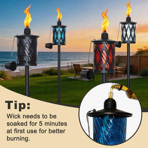 4 Pack Glass Outdoor Citronella Torches With 14 Oz Fuel, Adjustable 30 To 59 Inch Height, Multi Color Glass Flames On 4 Prong Grounded Stakes