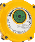 Close-up view of yellow Retractable Spring Balancer For Tools With Adjustable Tension From 19.8 To 33.1 Lbs, gauge dial visible
