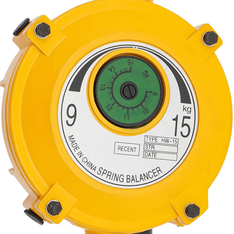 Close-up view of yellow Retractable Spring Balancer For Tools With Adjustable Tension From 19.8 To 33.1 Lbs, gauge dial visible